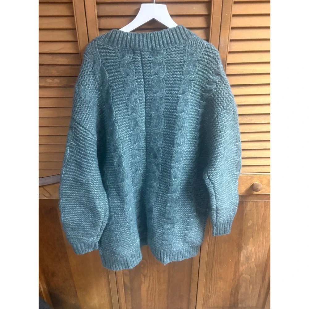 BP Nordstrom Teal Blue Cable‎ Knit Oversized Button Front Cardigan Sweater NEW